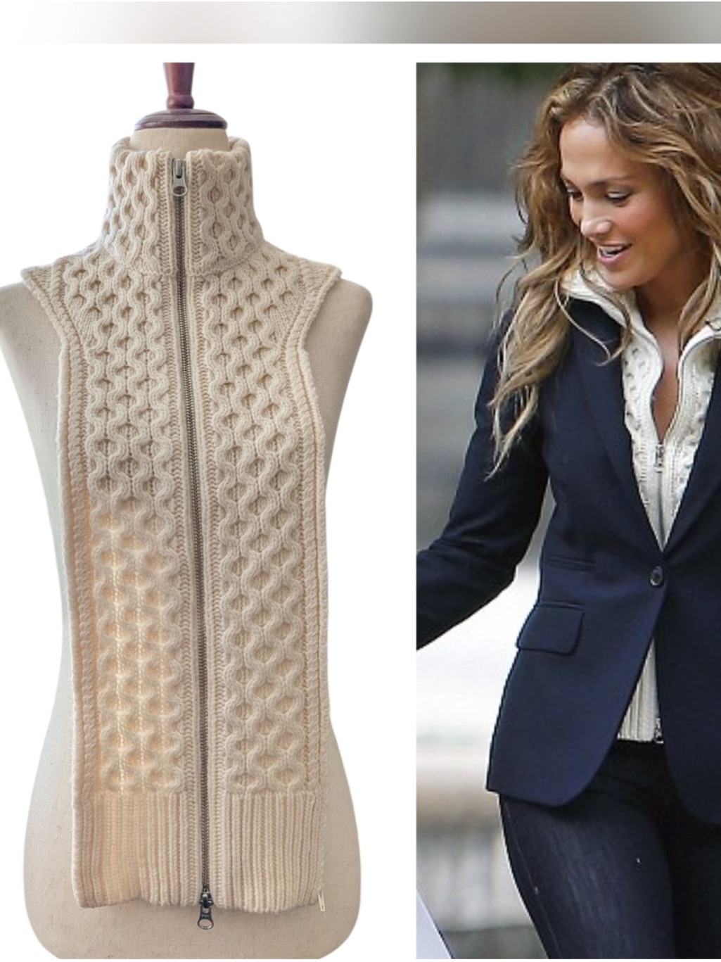 Veronica Beard Cream Cable-Knit Zip Sweater Vest Dickey Blazer